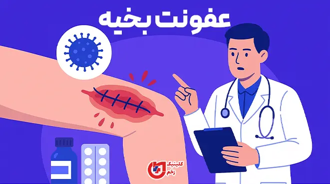 اینفوگرافیک عفونت بخیه: قرمزی منتشر، درد رو به افزایش، ترشح بدبو/چرکی، تب و تورم اطراف زخم