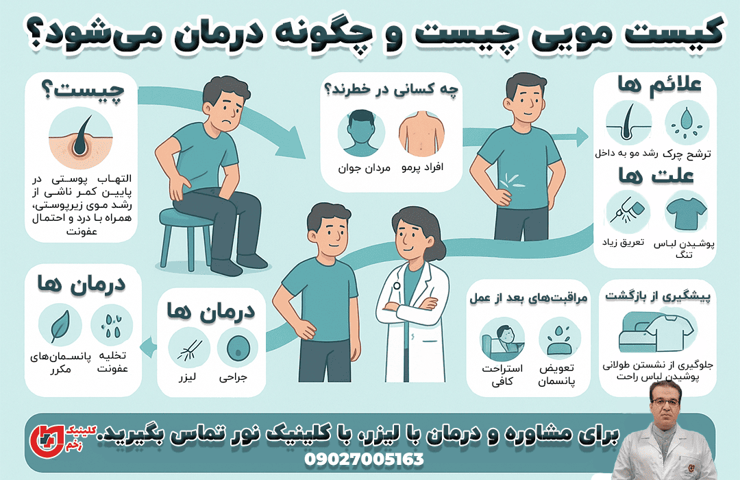 اینفوگراف افقی فارسی درباره کیست مویی که مسیر کامل بیمار را از بروز علائم تا درمان با لیزر و مراقبت‌های پس از عمل نمایش می‌دهد؛ شامل مراحل بیماری، عوامل خطر، نشانه‌ها، روش‌های درمان و پیشگیری از بازگشت.