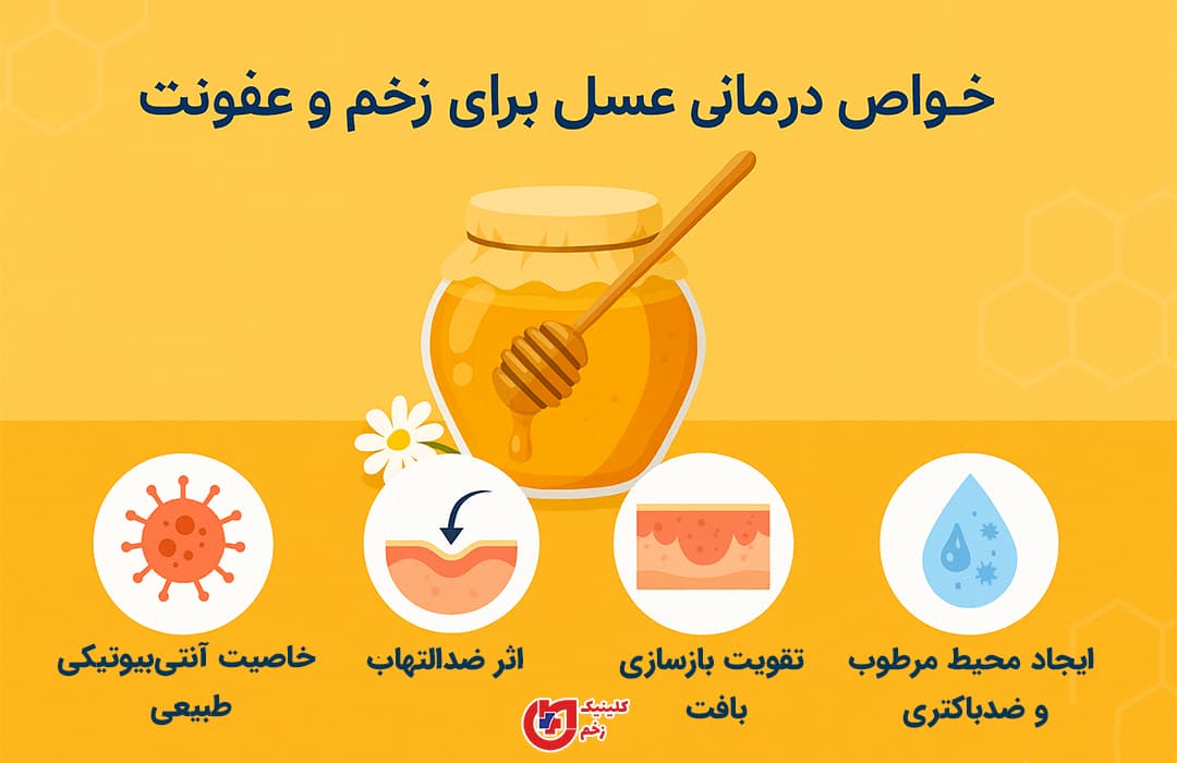 اینفوگرافی فارسی خواص درمانی عسل در بهبود زخم و عفونت شامل خاصیت آنتی‌بیوتیکی، ضدالتهاب، بازسازی بافت و ایجاد محیط ضدباکتری