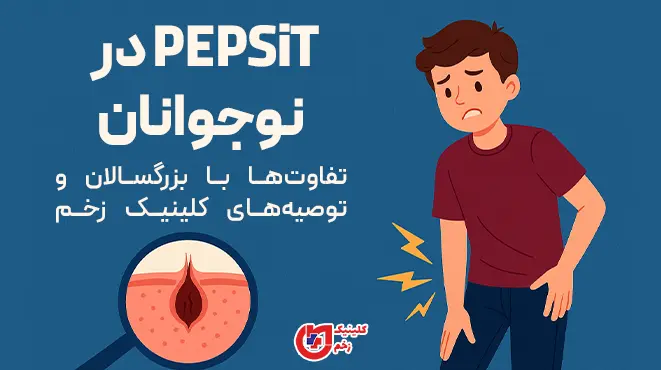 تصویر گرافیکی نوجوان با درد ناحیه دنبالچه و نمایش مقطعی کیست مویی همراه با متن فارسی درباره روش PEPSiT و تفاوت‌های آن با بزرگسالان در کلینیک زخم